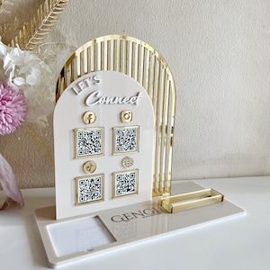 4 x QR-Code Schild - Doppelt gewölbt Social / Quadrat + QR + Kartenhalter und Website