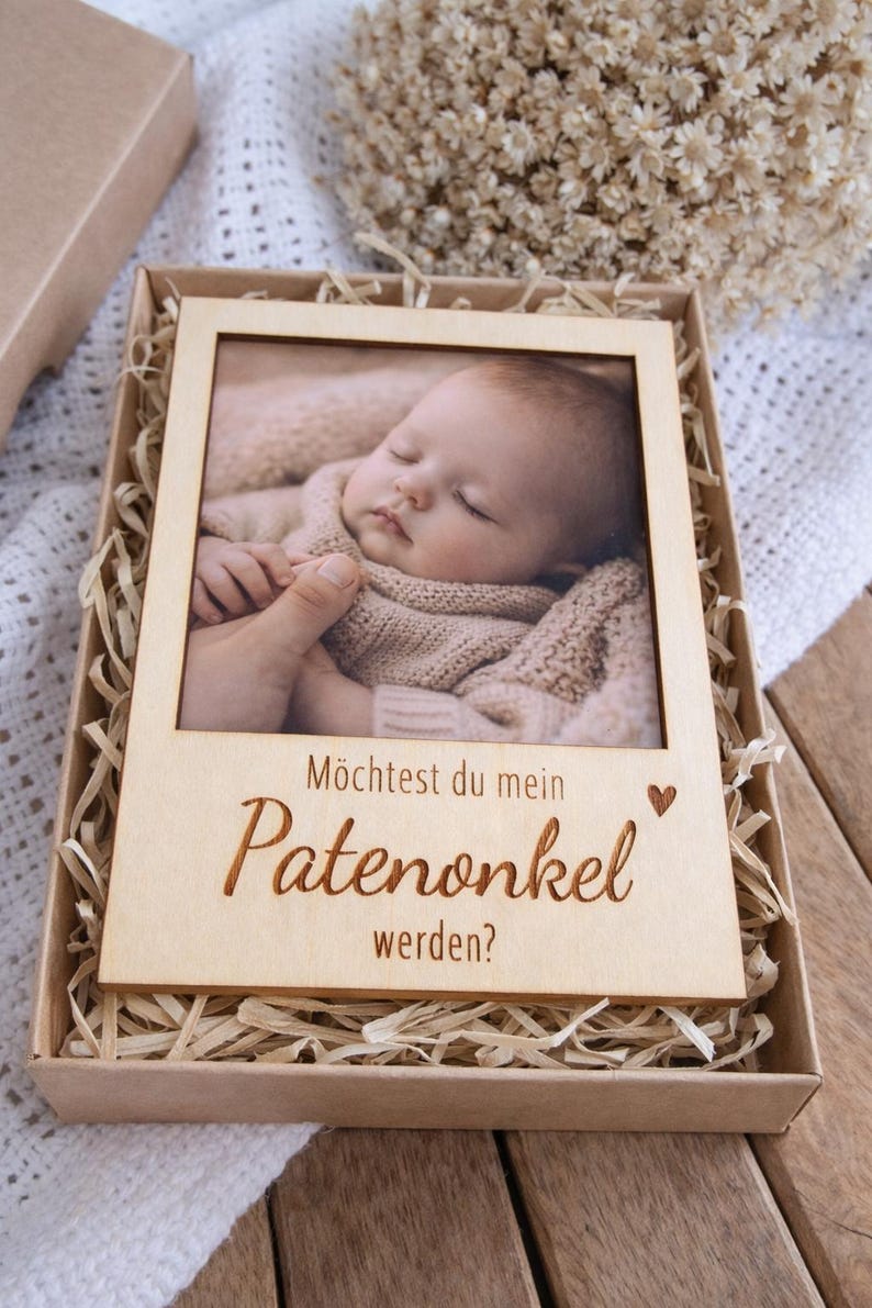 Patentante oder Patenonkel fragen – Geschenkbox mit Holzrahmen zur Patenanfrage – besondere Geschenkidee imagem 4