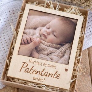 Patentante oder Patenonkel fragen – Geschenkbox mit Holzrahmen zur Patenanfrage – besondere Geschenkidee imagem 9