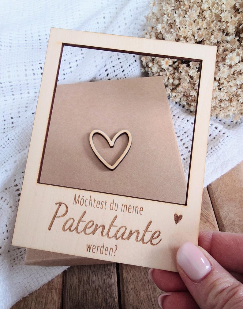 Patentante oder Patenonkel fragen – Geschenkbox mit Holzrahmen zur Patenanfrage – besondere Geschenkidee imagem 5