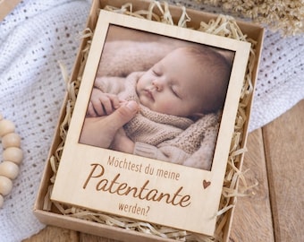 Patentante oder Patenonkel fragen – Geschenkbox mit Holzrahmen zur Patenanfrage – besondere Geschenkidee