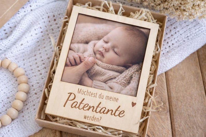 Patentante oder Patenonkel fragen – Geschenkbox mit Holzrahmen zur Patenanfrage – besondere Geschenkidee imagem 1