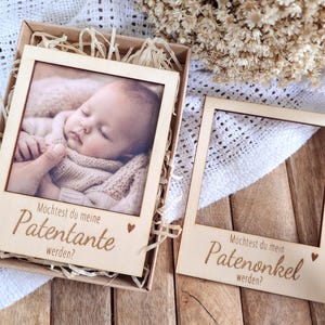 Patentante oder Patenonkel fragen – Geschenkbox mit Holzrahmen zur Patenanfrage – besondere Geschenkidee imagem 6