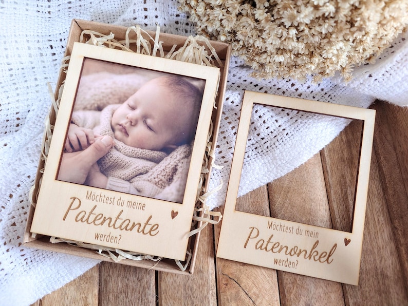 Patentante oder Patenonkel fragen – Geschenkbox mit Holzrahmen zur Patenanfrage – besondere Geschenkidee imagem 6