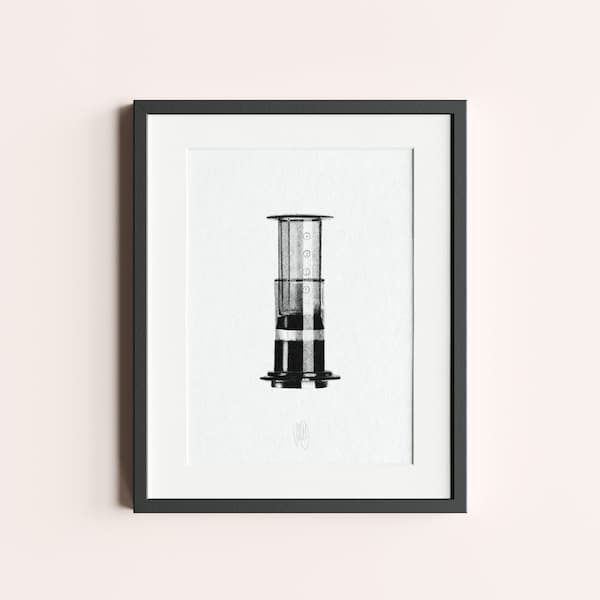 Aeropress Art - Impresión de póster de café rayado en blanco y negro A3 + A4