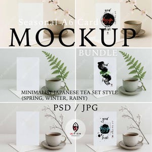 Pacote de mockups de cartões A6 sazonais – Conjunto de chá japonês minimalista (primavera, inverno, chuva)
