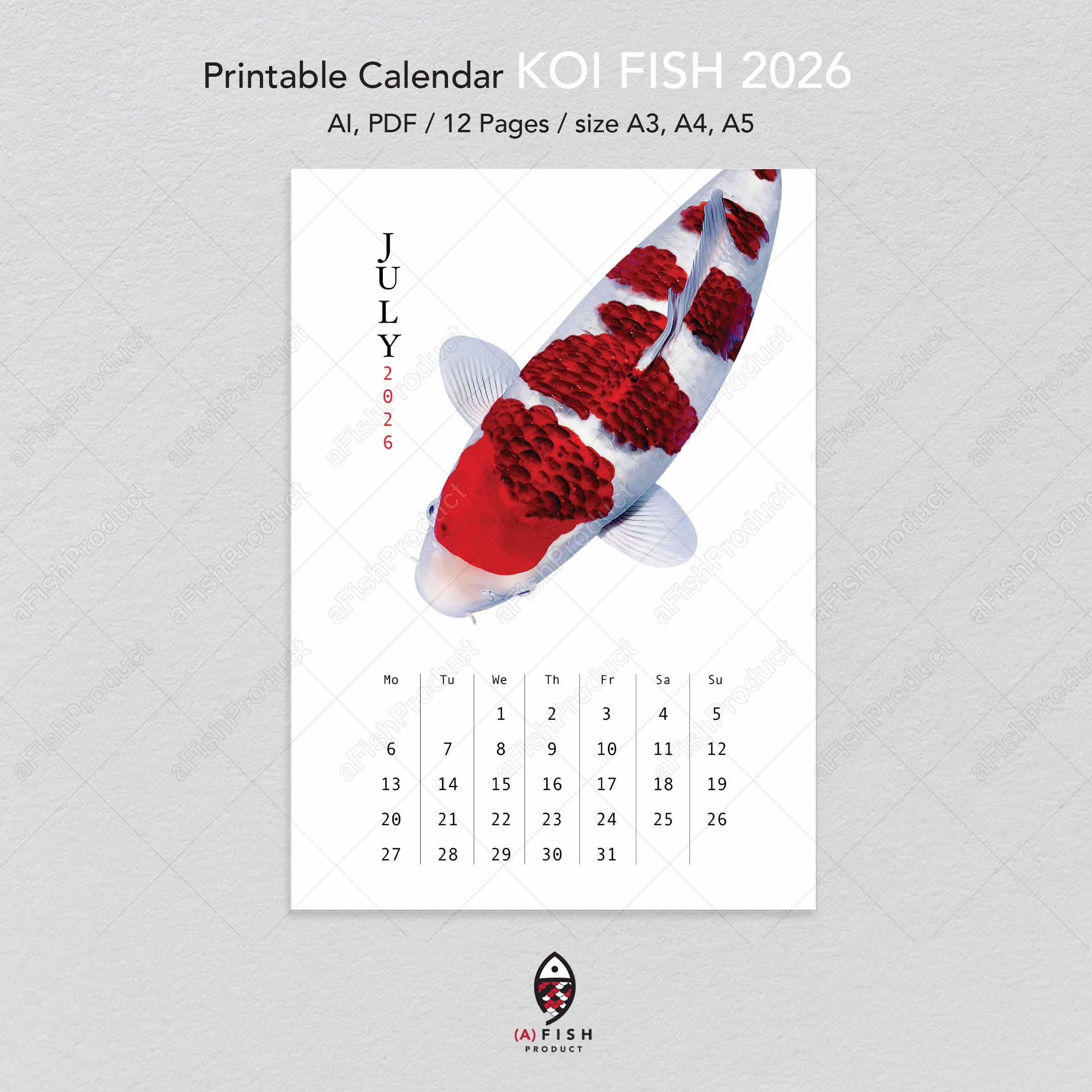 Digital Download | 2026 Koi Fish Calendar, Printable Wall Art (A3