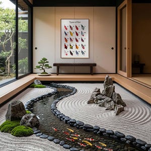 Pode incluir: Uma serena cena de jardim japonês com um jardim de areia, um elemento aquático e peixes koi. Uma impressão emoldurada intitulada "Types of Koi" está pendurada na parede. Uma pequena árvore bonsai e um banco de madeira contribuem para a atmosfera tranquila.