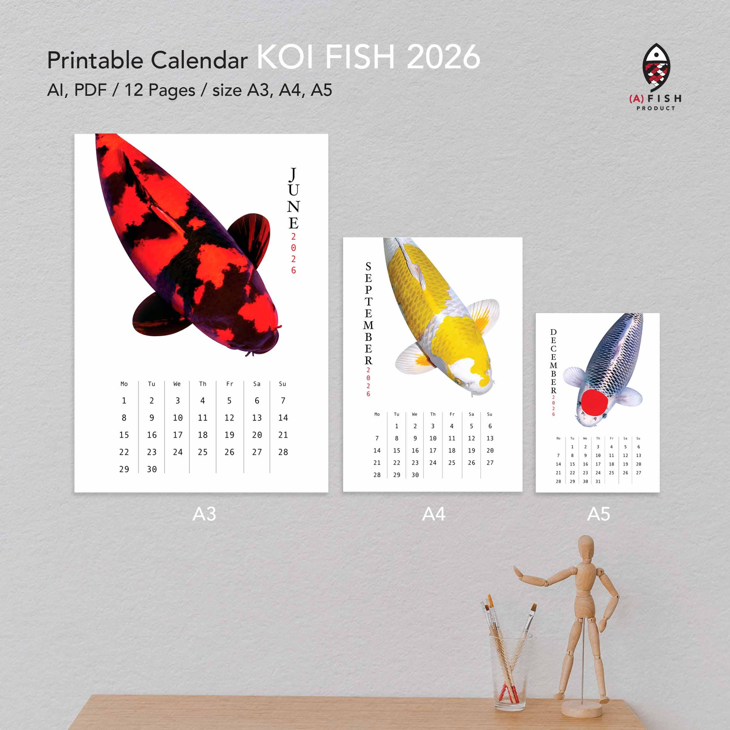 Digital Download | 2026 Koi Fish Calendar, Printable Wall Art (A3