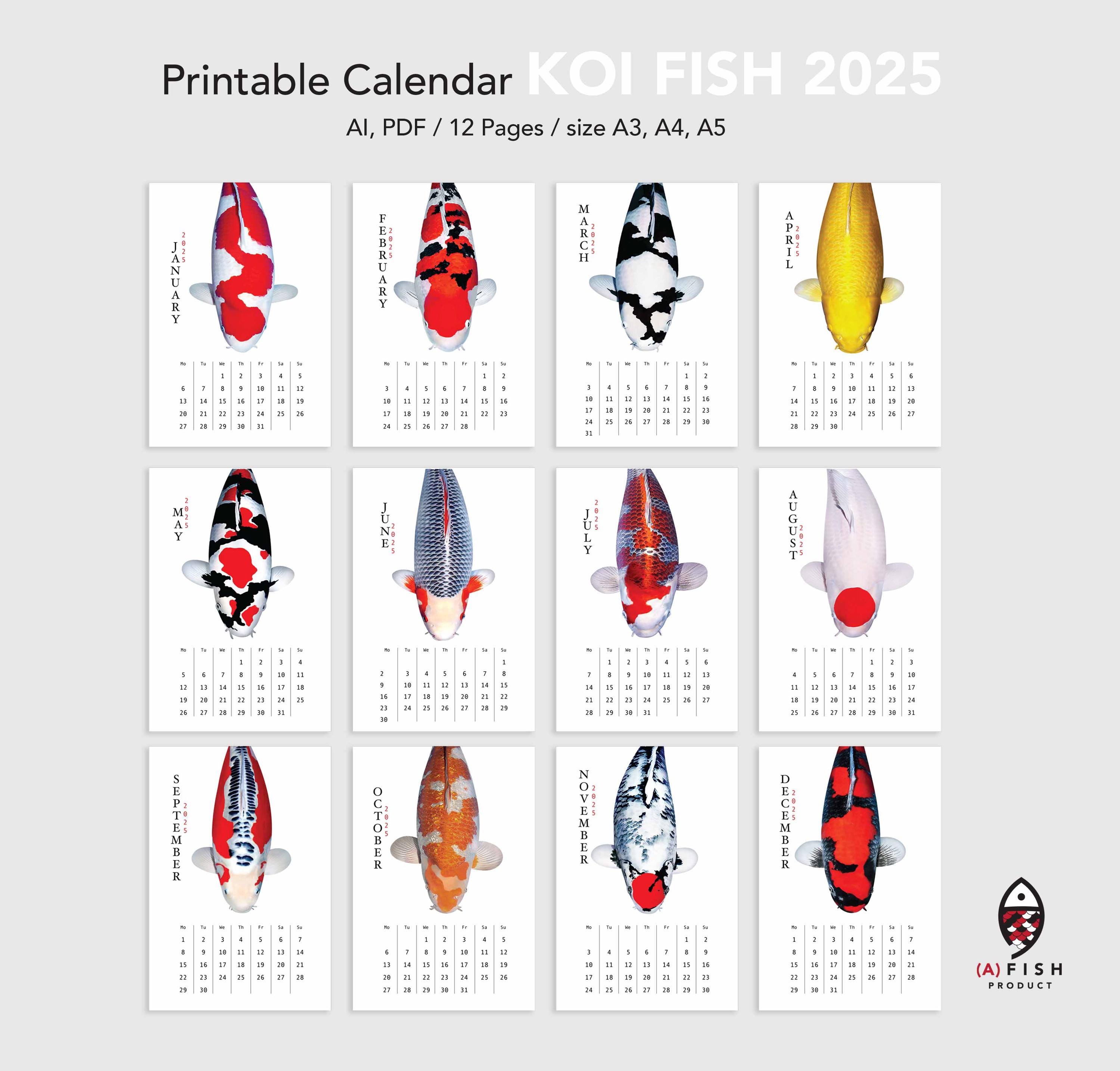 Printable Calendar Koi Fish 2025 - Artistic Beauty for Your Space - Etsy