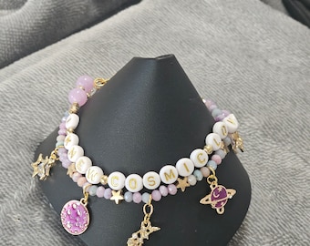 Adjustable Purple and Gold I Knew  Cosmic Love Handmade Beaded Friendship Charm Bracelet Gift for Her