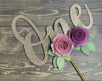 First Birthday cake topper, One Year Old cake topper, floral party, birthday cake topper, 1st birthday floral cake, first birthday cake