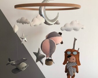 Adventurers mobile, aviator hot air ballon airship vintage plane clouds silver stars moon initial gender neutral baby gift idea nursery