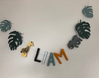 Personalised garland, name, felt, baby, children, nursery decoration, custom banner, neutral, safari, monster leafr