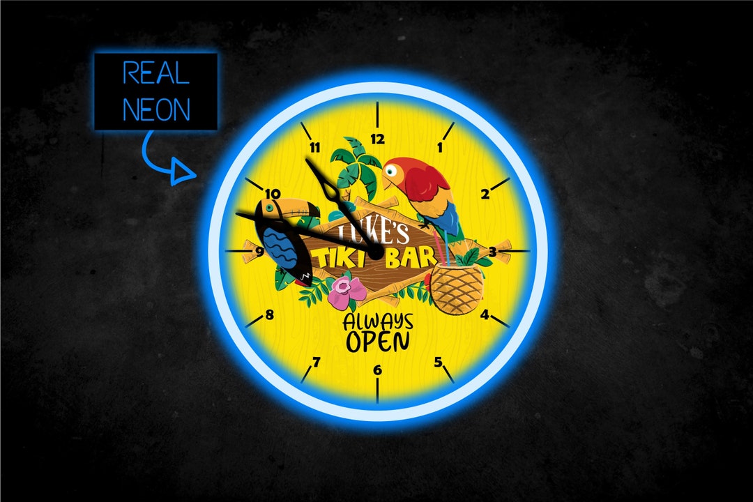 Tiki Bar Wall Clock, Tiki Bar Neon Clock, Wall Clock With Light, Neon