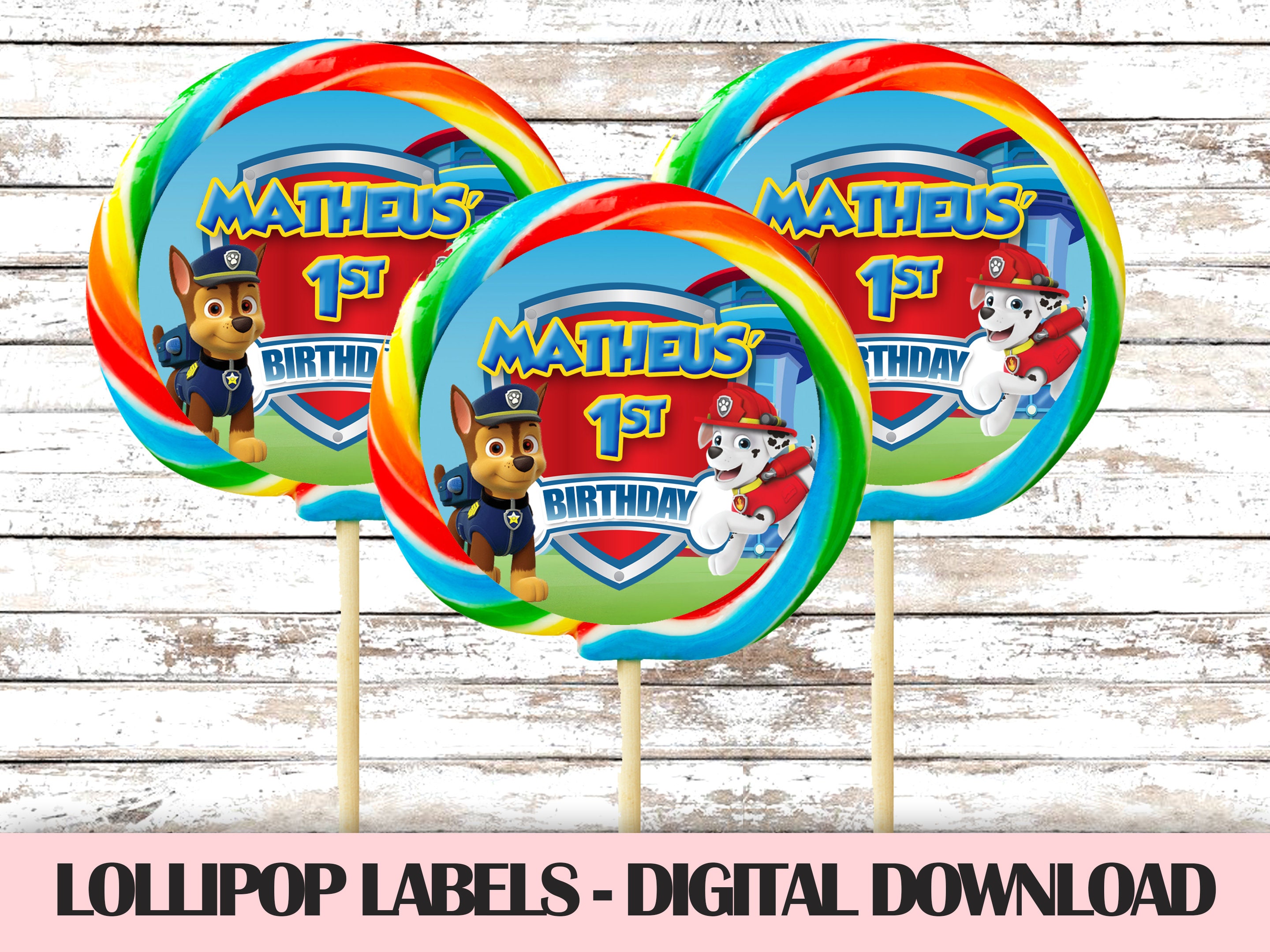 Paw patrol Birthday Stickers Lollipop labels DIGITAL Etsy