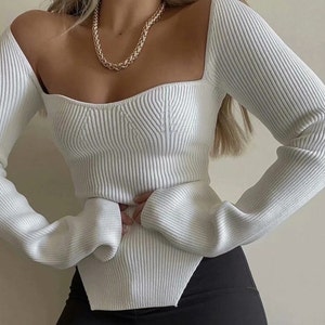 Sweetheart Knit Jumper | Ribbed knit jumper, Sweetheart neckline