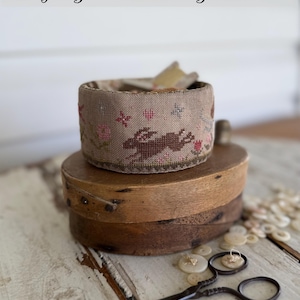 Op de afbeelding: Een beige naaimand met een bloemen- en konijnenontwerp staat op twee houten dozen. De tekst "Spring Parade Sewing Basket" en "Design by Stacy Nash" zijn zichtbaar. Een schaar en knopen zijn ook in de afbeelding.