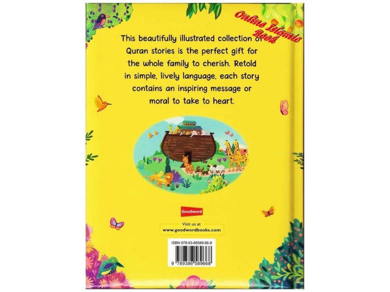 May include: A yellow book cover with the title "Online Islamic Books" at the top. The cover features an illustration of Noah's Ark with animals, surrounded by butterflies and birds. Text on the cover describes the book's contents.