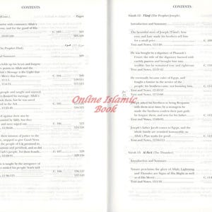 May include: Open book pages with the "CONTENTS" heading. Text in English and Arabic details chapters and verses from the Quran. The book has a cream-colored background with black text.