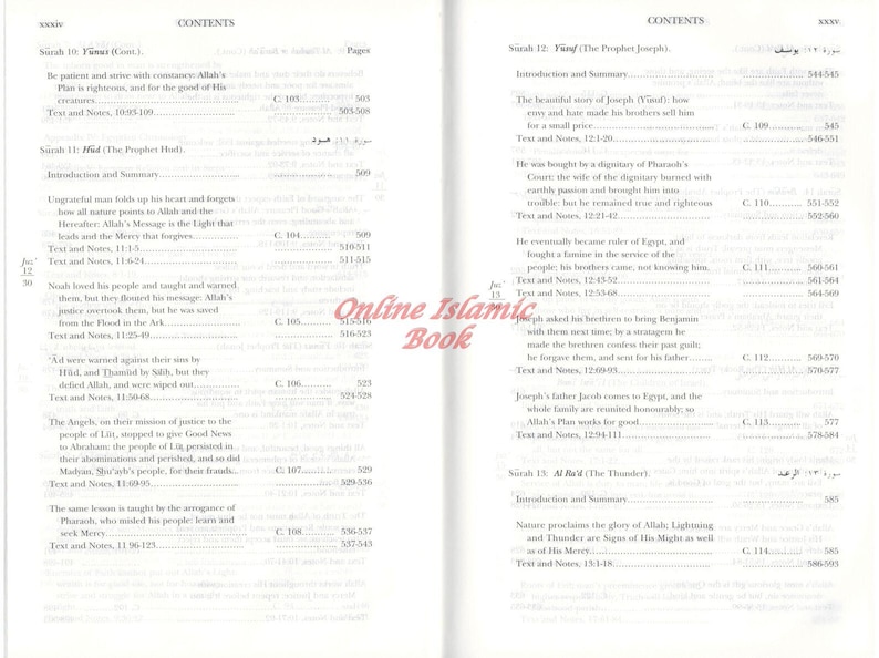 May include: Open book pages with the "CONTENTS" heading. Text in English and Arabic details chapters and verses from the Quran. The book has a cream-colored background with black text.