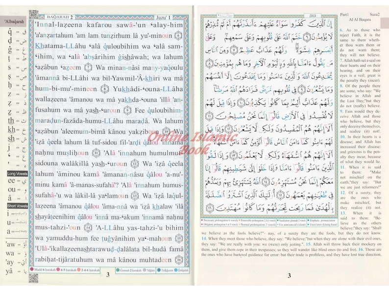 May include: Open book with Arabic text, featuring the Quran. The pages are cream-colored with black text, and the book is open to a double-page spread. The text is arranged in columns with a blue border. The book is on a white background.