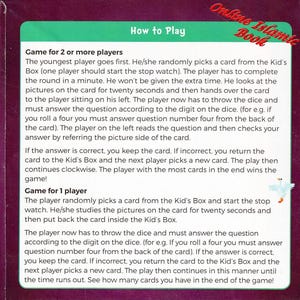 May include: A purple instructional card titled How to Play with a green header. The text outlines rules for a game for two or more players and a game for one player, involving a Kid's Box, a stopwatch, dice, and cards. A small white bird is visible.