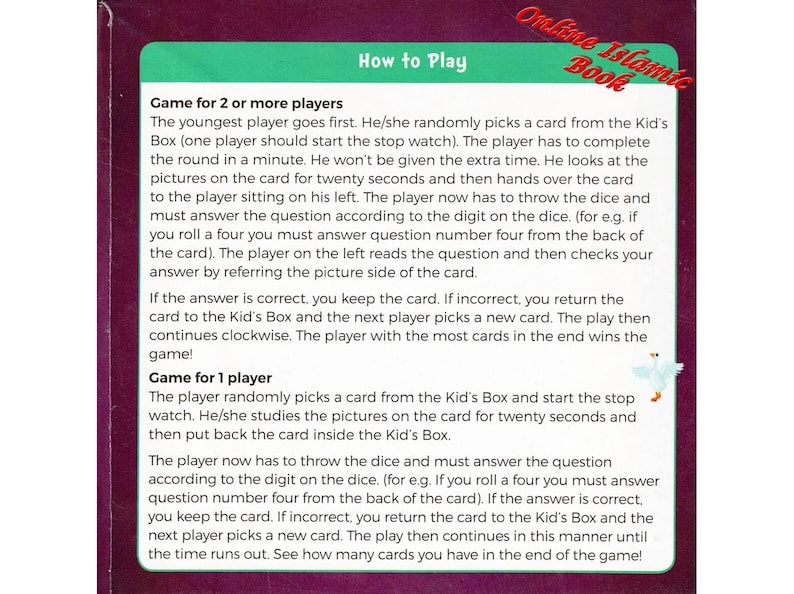 May include: A purple instructional card titled How to Play with a green header. The text outlines rules for a game for two or more players and a game for one player, involving a Kid's Box, a stopwatch, dice, and cards. A small white bird is visible.