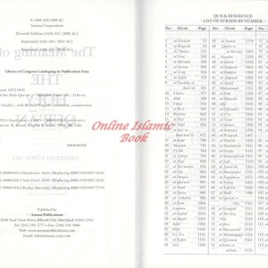 May include: Open book pages with text in English and Arabic. The left page has publication information, including the title "The Meaning of the Holy Qur'an". The right page lists Surahs by number.