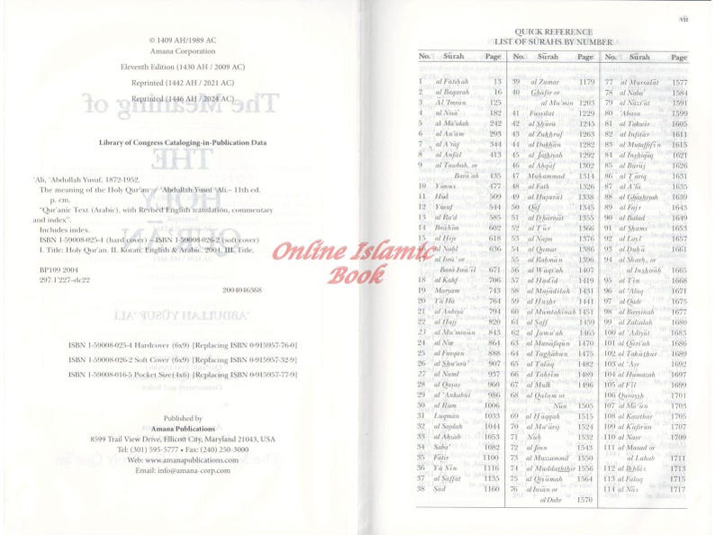 May include: Open book pages with text in English and Arabic. The left page has publication information, including the title "The Meaning of the Holy Qur'an". The right page lists Surahs by number.