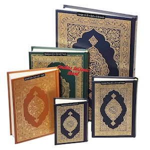 May include: A collection of ornate books with gold and navy blue covers, featuring intricate designs. The books vary in size, with the largest measuring 11.5 x 8.0 x 0.8 inches. The text "Online Islamic Book" is visible.