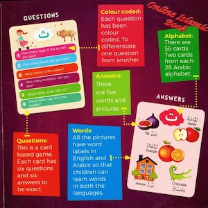May include: A dark purple educational card game set featuring two sample cards. One card lists six numbered questions about an ox and Arabic letters. The other card displays illustrations of a fig, apple, orange, house, and crocodile with English and Arabic labels.