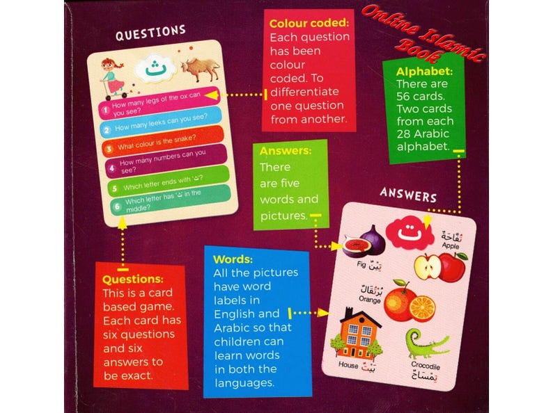 May include: A dark purple educational card game set featuring two sample cards. One card lists six numbered questions about an ox and Arabic letters. The other card displays illustrations of a fig, apple, orange, house, and crocodile with English and Arabic labels.