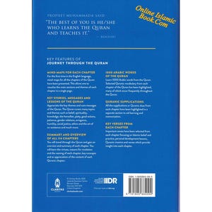 May include: Blue and white book cover with the title "Journey Through the Quran". The cover features key features of the book, including mind maps for each chapter, key stories, messages and lessons of the Quran, 1000 Arabic words of the Quran, Quranic supplications, key verses from each chapter, and a summary and overview of all 114 chapters.