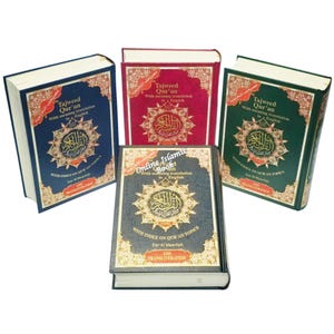 May include: Three hardback books with gold accents and Arabic script. The books are titled "Tajweed Qur'an" and have English translations. The books are blue, red, and green.