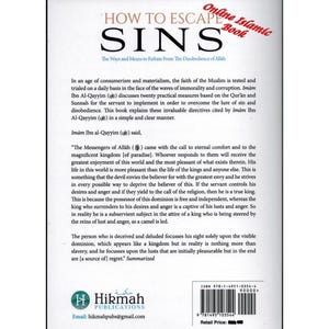 Puede incluir: Un libro titulado "How to Escape Sins" con el subt&iacute;tulo "The Ways and Means to Refrain From The Disobedience of Allah." La portada presenta texto y un logotipo de Hikmah Publications. Una pancarta de "Online Islamic Book" est&aacute; en la esquina superior derecha.