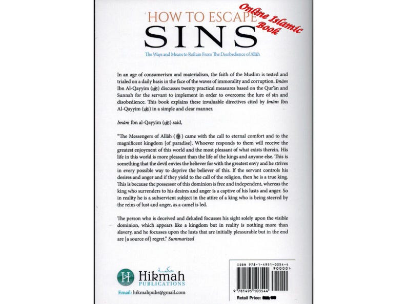 Puede incluir: Un libro titulado "How to Escape Sins" con el subt&iacute;tulo "The Ways and Means to Refrain From The Disobedience of Allah." La portada presenta texto y un logotipo de Hikmah Publications. Una pancarta de "Online Islamic Book" est&aacute; en la esquina superior derecha.