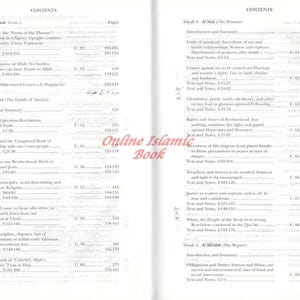 May include: Open book pages with the "CONTENTS" section visible. The text is in English and Arabic. The pages are from a religious text, with topics like "The Family of Imran" and "The Women".