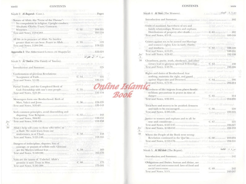May include: Open book pages with the "CONTENTS" section visible. The text is in English and Arabic. The pages are from a religious text, with topics like "The Family of Imran" and "The Women".
