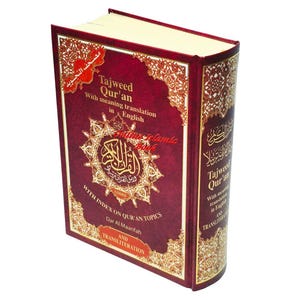 May include: A maroon hardcover book titled "Tajweed Qur'an" with gold decorative accents. The book includes English translation and transliteration, with an index on Quran topics. The cover features ornate Arabic calligraphy.