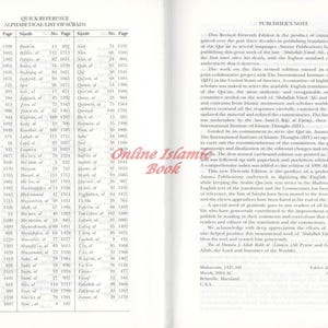 May include: Open book pages with text in English and Arabic. The left page features a list titled "Quick Reference Alphabetical List of Surahs." The right page contains the "Publisher's Note" with detailed text.