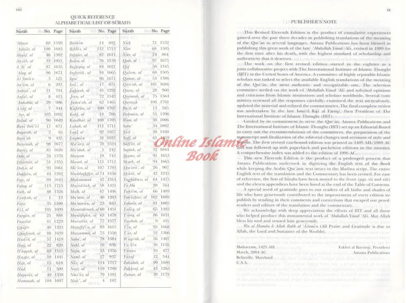 May include: Open book pages with text in English and Arabic. The left page features a list titled "Quick Reference Alphabetical List of Surahs." The right page contains the "Publisher's Note" with detailed text.