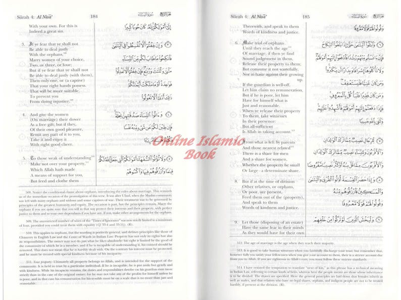 May include: Open book with Arabic text and English translation. The pages display verses from Surah An-Nisa, with annotations and the title "Surah 4: Al Nisa". The book has a watermark that says "Online Islamic Book".