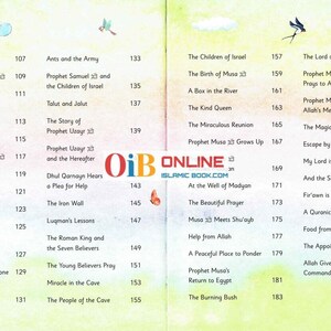 May include: A book spread open, displaying a table of contents with various titles and page numbers. The titles are in English and cover religious stories. The book has a white background with colorful illustrations.