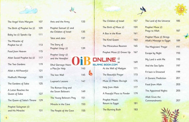 May include: A book spread open, displaying a table of contents with various titles and page numbers. The titles are in English and cover religious stories. The book has a white background with colorful illustrations.