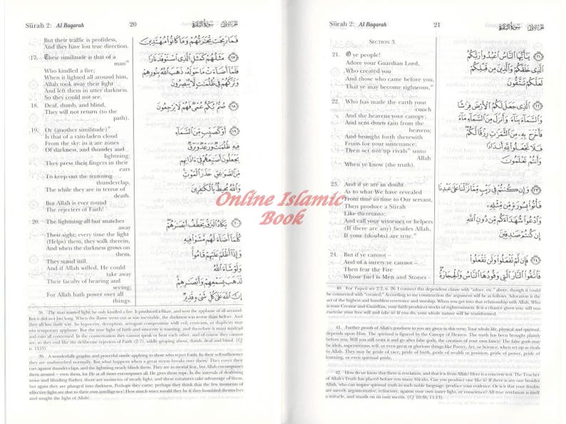 May include: Open book with Arabic text and English translation. The pages are filled with verses from the Quran, with the title "Surah 2: Al Baqarah" at the top. The book is from "Online Islamic Book".