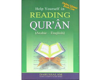 May include: A green book cover with the title "Help Yourself in Reading Qur'ân (Arabic - English)". The cover features an open book with yellow pages and a red bookmark. The book is from Darussalam, a global leader in Islamic books.