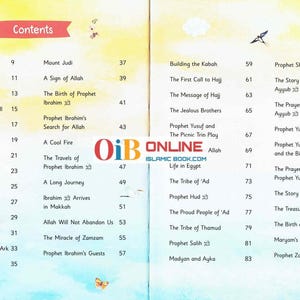 May include: A colorful children's book spread with a table of contents and chapter titles. The pages are light blue and yellow with illustrations of rabbits, clouds, and butterflies. The book is about Islamic stories.