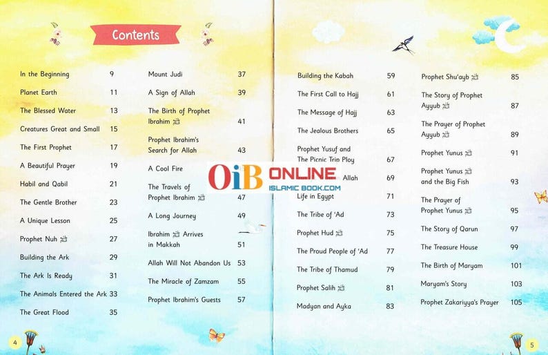 May include: A colorful children's book spread with a table of contents and chapter titles. The pages are light blue and yellow with illustrations of rabbits, clouds, and butterflies. The book is about Islamic stories.
