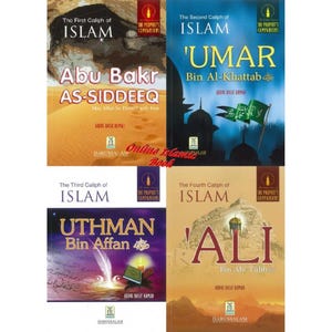 May include: Four books about Islam, each with a different cover design. The titles include "Abu Bakr AS-SIDDEEQ", "'UMAR Bin Al-Khattab", "UTHMAN Bin Affan", and "'ALI Bin Abu Talib". The books are from the series "The Prophet's Companion".